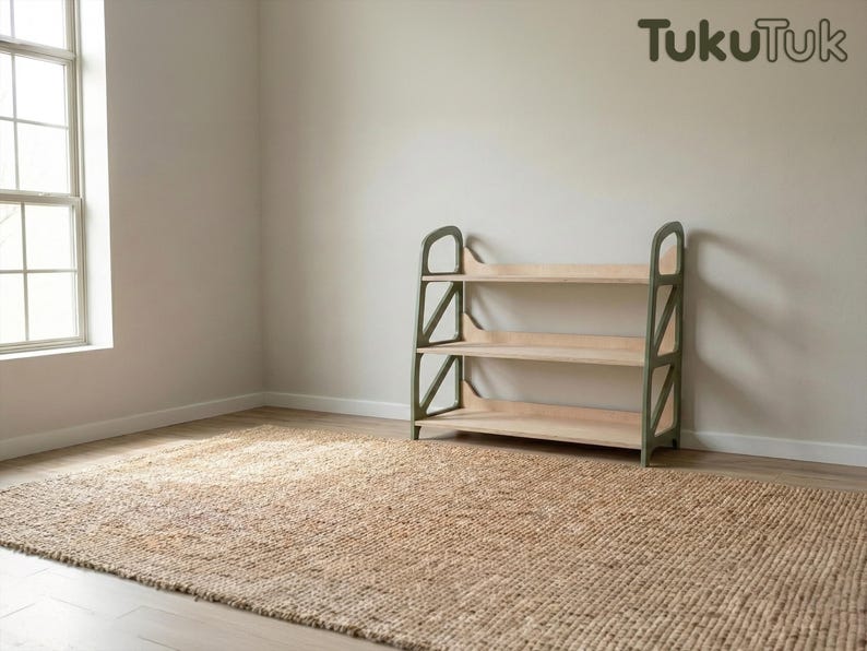 Montessori shelf in Military Green for toy storage, wooden kids shelf for playroom decor and nursery furniture by TukuTuk.