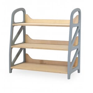 Montessori toy storage shelf in Cloud Gray, wooden kids shelf with three levels for toy storage, nursery furniture for playroom or reading nook.