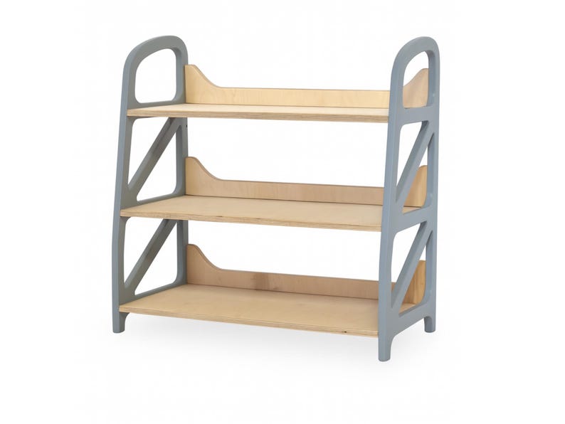 Montessori toy storage shelf in Cloud Gray, wooden kids shelf with three levels for toy storage, nursery furniture for playroom or reading nook.