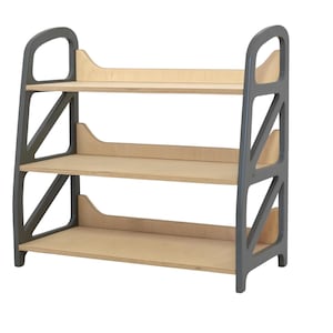 Montessori toy storage shelf in Slate Gray, wooden kids storage furniture with three open shelves, ideal for a nursery, kids play corner or reading nook.