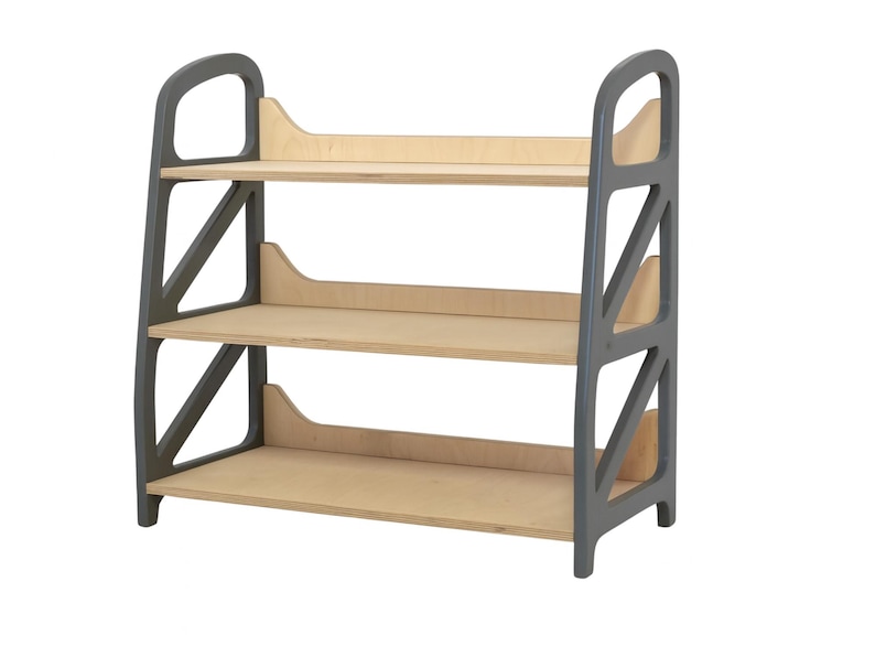 Montessori toy storage shelf in Slate Gray, wooden kids storage furniture with three open shelves, ideal for a nursery, kids play corner or reading nook.