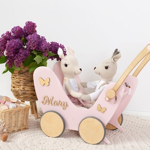 BABY LAUFLERNWAGEN, Puppenwagen, Kinderwagen aus Holz für Baby Girl, Buggy Schiebewagen, Personalisiertes Geschenk mit Namen und Bettwäsche