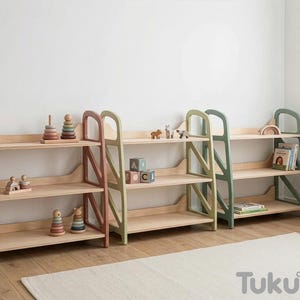Montessori shelf toy storage set in Soft Curry, Sage Teal and Military Green – wooden kids storage shelves for playroom decor and reading nook by TukuTuk.