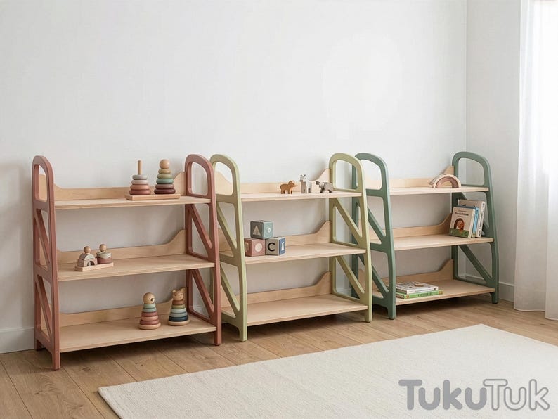 Montessori shelf toy storage set in Soft Curry, Sage Teal and Military Green – wooden kids storage shelves for playroom decor and reading nook by TukuTuk.