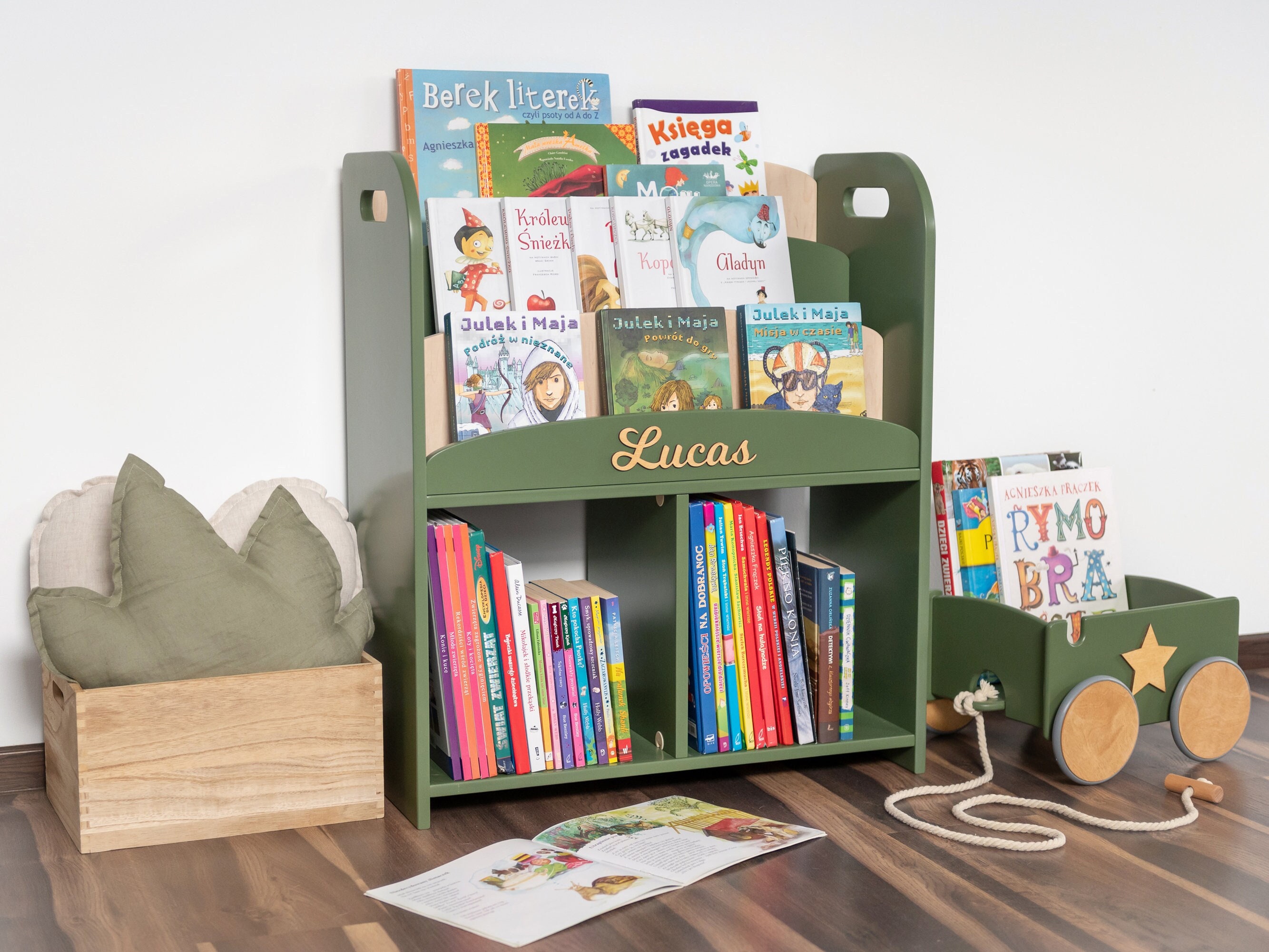 Wood Kids Sling Book Shelf Storage Rack Organizer Color Pockets