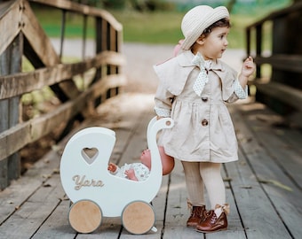 Puppenwagen im Retro-Stil, Holz Kinderwagen Spielzeug, Personalisierter Lauflernwagen, Montessori Spielzeug, 1 Jahr altes Mädchen Geschenk