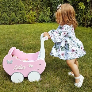 Personalized Wooden Doll Pram, the Perfect Unique 1st Birthday Gift for Baby Girls - A Stroller Toy and Push Doll Cart for 12-Month-Olds