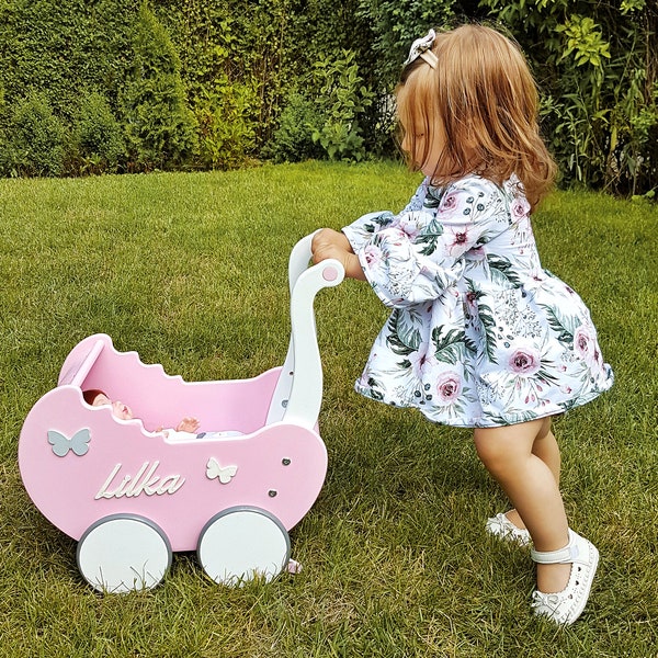 Personalized Wooden Doll Pram, the Perfect Unique 1st Birthday Gift for Baby Girls - A Stroller Toy and Push Doll Cart for 12-Month-Olds