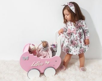 Personalized Wooden Doll Pram: Handmade Montessori Toy Carriage