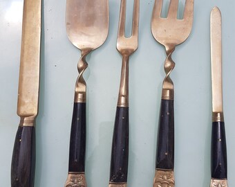Samran Thailand mid 1900 vintage brass and rosewood cutlery and serving set