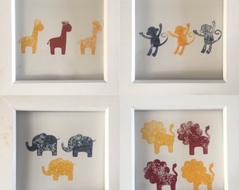 Safari animal hand printed block colour prints for nursery or childs room- UNFRAMED