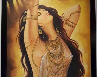 Olieverfschilderij Indiase vrouw: handgemaakte canvaskunst (26 x 38 inch)
