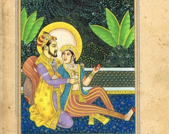 Vintage Mughal Art Painting: Shahjahan and Mumtaz Mahal Love Scene
