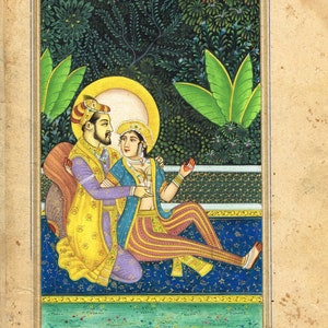 Indian Miniature Painting Of Emperor Shahjahan And Empress Mumtaz Mahal in Love Scene Art | Indian Vintage Mughal Art Painting For Wall