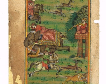 Vintage Mughal-jachtscène miniatuurschilderij: Indian Empire Art