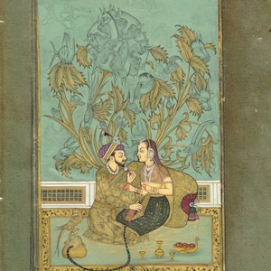 Indian Miniature Painting Of Mughal Emperor Shah Jahan And Mumtaz in Love Scene Art On Paper 8x11.5 Inches | Indian Vintage Mughal Paintings