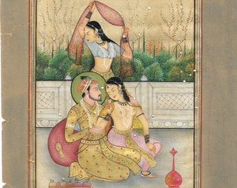Vintage Mughal Art Painting: Emperor & Empress Love Scene (6x9.5 Inches)