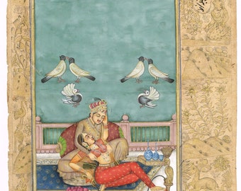 Antieke Indiase miniatuur schilderij van jonge prins met zijn geliefde fijne liefdeskunst op papier 6x10 inch | Handgemaakt schilderij van kunstenaar Akhtar