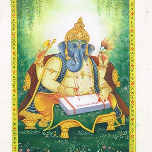 Handmade Lord Ganesha Painting on Silk: Religious Wall Art (7x11 Inches)