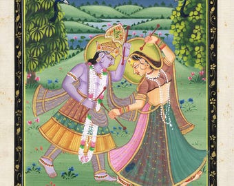 Radha Krishna Painting Of Radha Krishna Dancing Art On Silk Cloth 7x11 Inches | Hand Miniature Indian Love Scene Art For Wall Hanging Gift