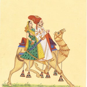 Handmade Rajasthani King & Queen Camel Painting: Mughal Miniature Art