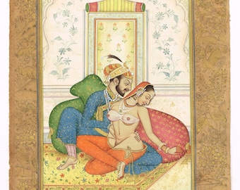 Mughal Emperor & Empress Miniature Painting: Indian Love Scene Art (6x9.5 Inches)