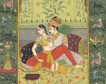 Mughal Emperor & Empress Miniature Painting: Indian Gouache Art (5.5x8 Inches)