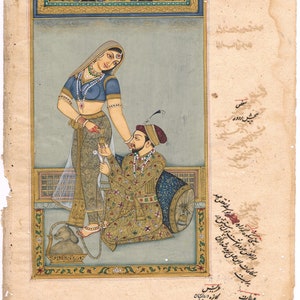 Mughal Empress & Emperor Love Scene: Indian Miniature Painting (7x11 Inches)