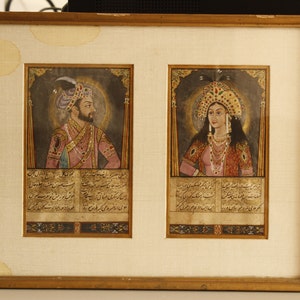 Miniature Portrait Painting Of Mughal Emperor Shahjahan And Empress Mumtaz Mahal Art With Frame | Vintage Mughal Art Paintings For Wall