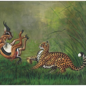 Animal Miniature Painting Of Cheetah Attack The Deer On Silk Cloth 18x14.5 Inches | Animal Hunting Art For Wall | Wildlife Nature Art