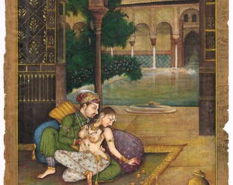 Handmade Mughal Miniature Painting: Royal Love Scene, Stone Colors