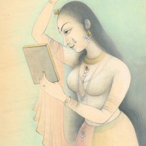 Indian Miniature Painting: Rajput Queen at Mirror, Stone & Vegetable Colors