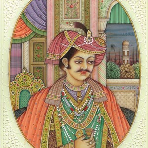Miniature Portrait Of Young Emperor Akbar - Handmade Indian Painting On Plate 6x8 Inches | Mughal Art School Painting For Home Decor Gift