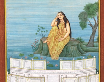 Gouache Virahini Nayika-målning: indisk miniatyrkonst, äkta gulddetalj