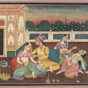 Indian Miniature Painting Of Mughal Harem Scene Art On Paper 8.25x6.5 Inches | Home Decor Mughal Painting For Wall | Mughal Art Painting