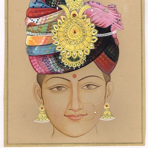 Handmade Rajasthani Lady Painting: Turban with Soap Stones, 7x9 Inches