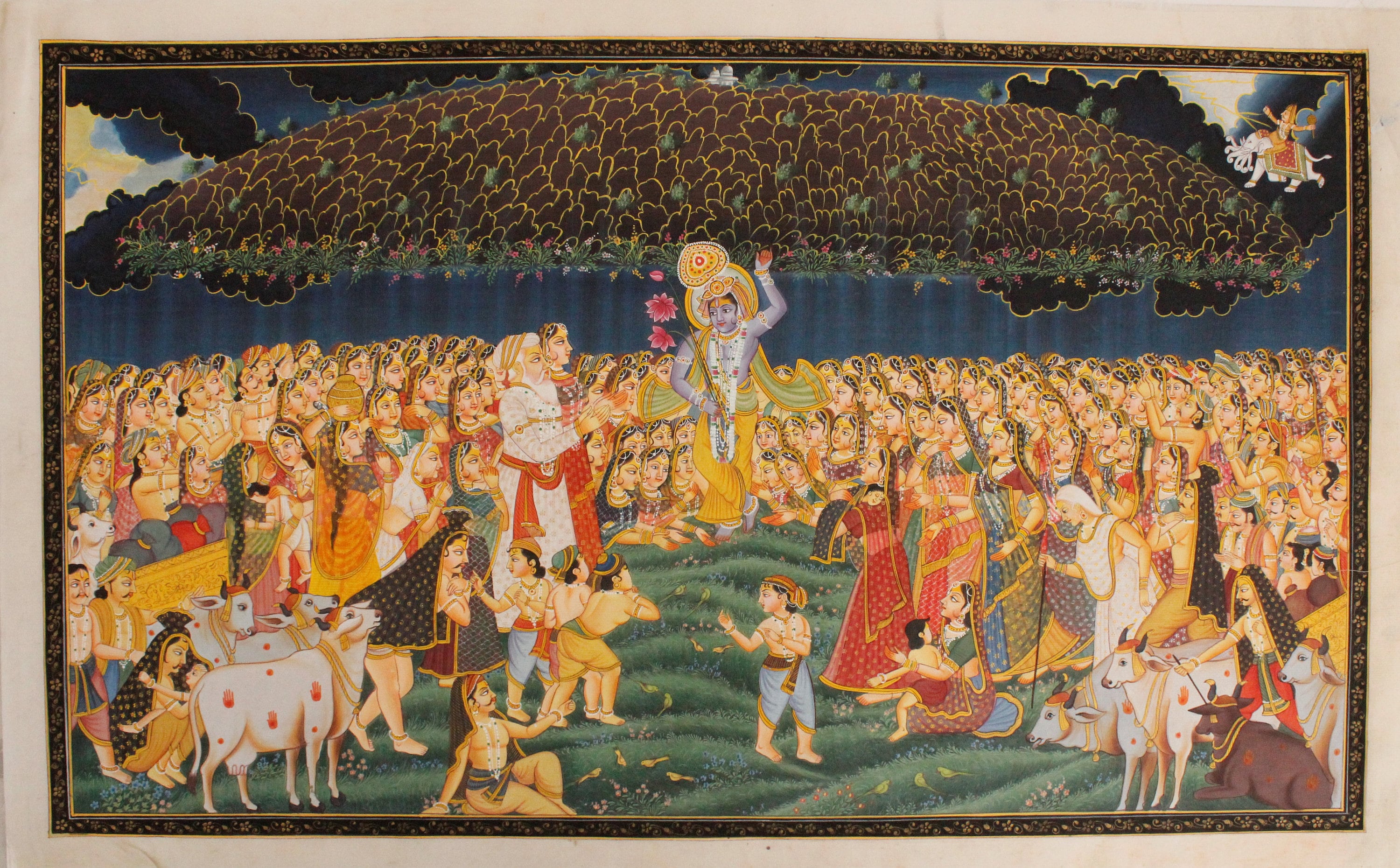 Krishna Painting of Lord Krishna Lifting Mount Govardhan Art on Silk