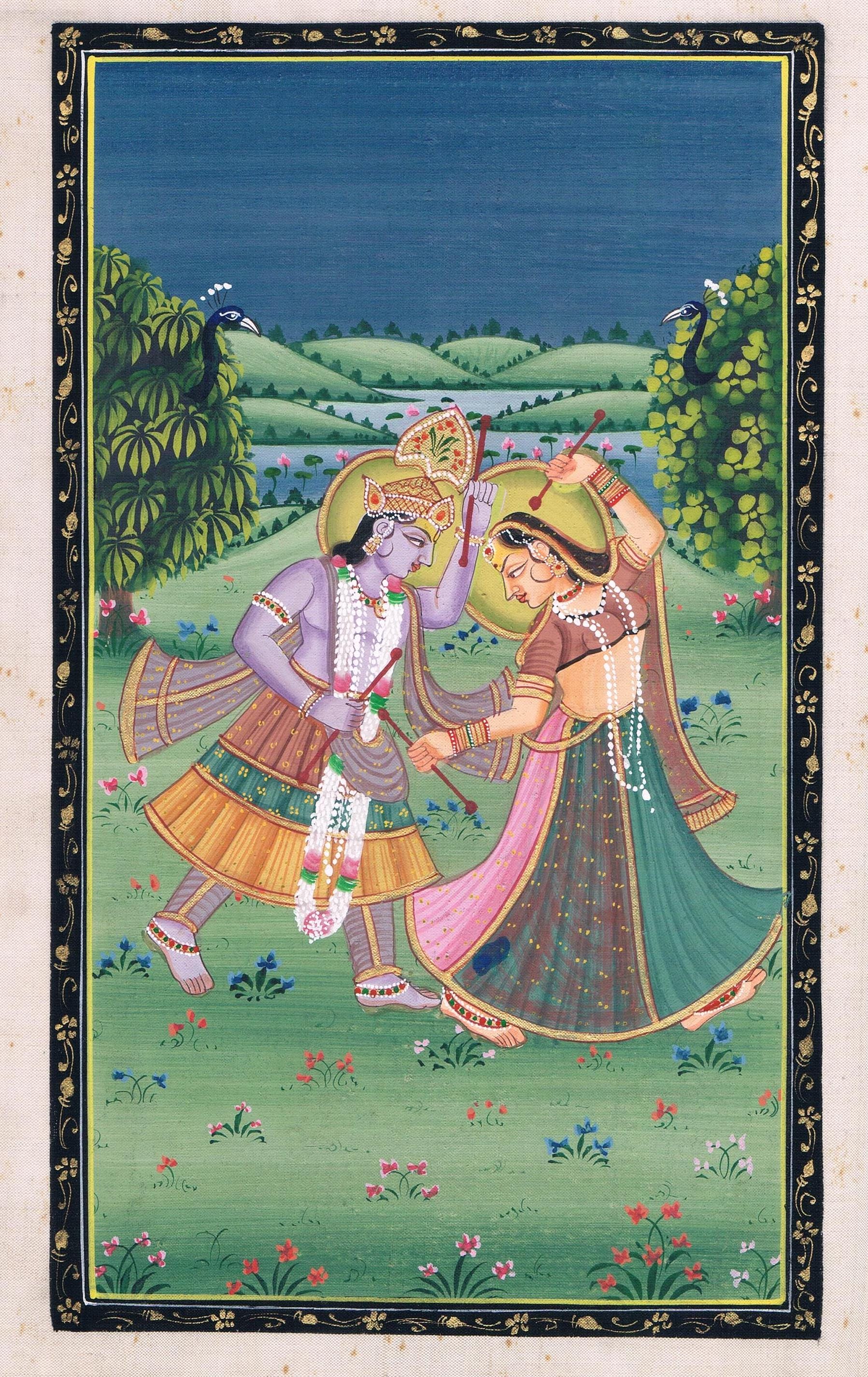 Radha Krishna Painting of Radha Krishna Dancing Art on Silk Cloth 7x11 ...