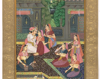 ムガル帝国のアクバル王のミニチュア絵画：インドのヴィンテージアート