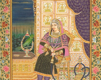 Mughal Empress Portrait: Hookah Painting with Gold Ink (12x16 Inches)