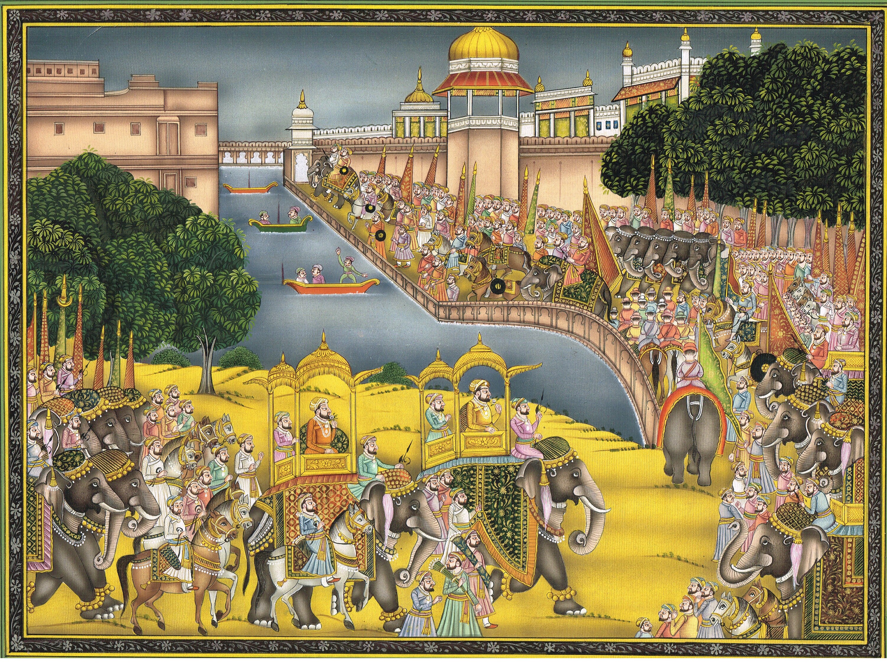 ウダイプール王の行列のミニチュア絵画：インド王室美術（18x14インチ