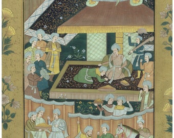 Persian Court Scene Painting on Silk: Islamic Miniature Art (15.5x21.5 Inches)
