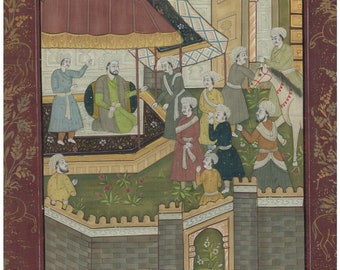 Vintage Persian Miniature Art Painting: Darbar Court Scene on Silk (16x21.5 Inches)