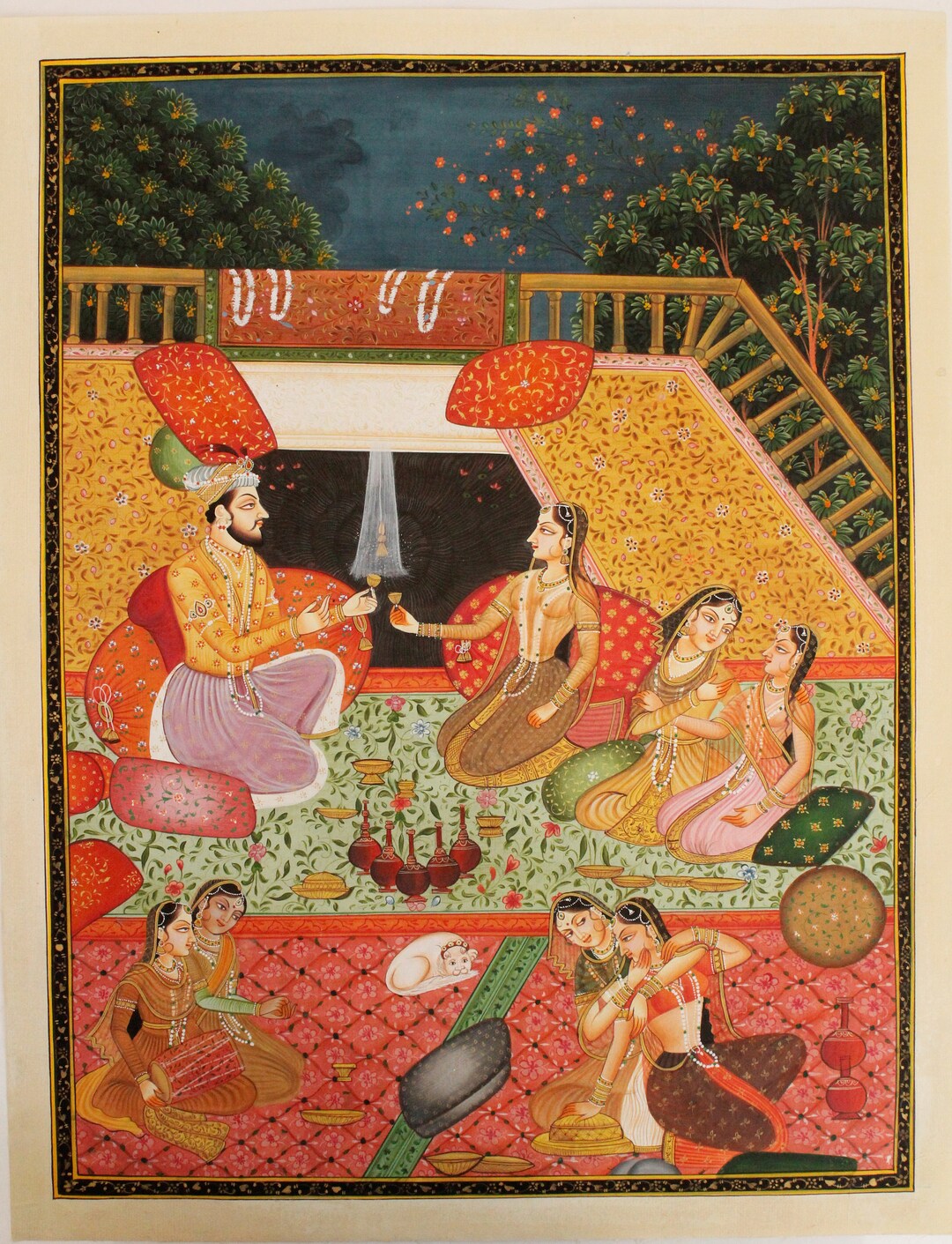 インドのミニチュア絵画 王と女王の愛のシーン アート シルク布
