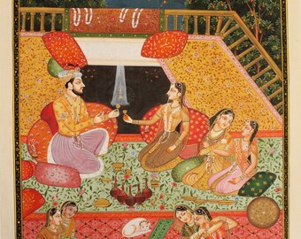 インドの細密画：王と王妃の愛の情景、メーワール・ハーレム・アート