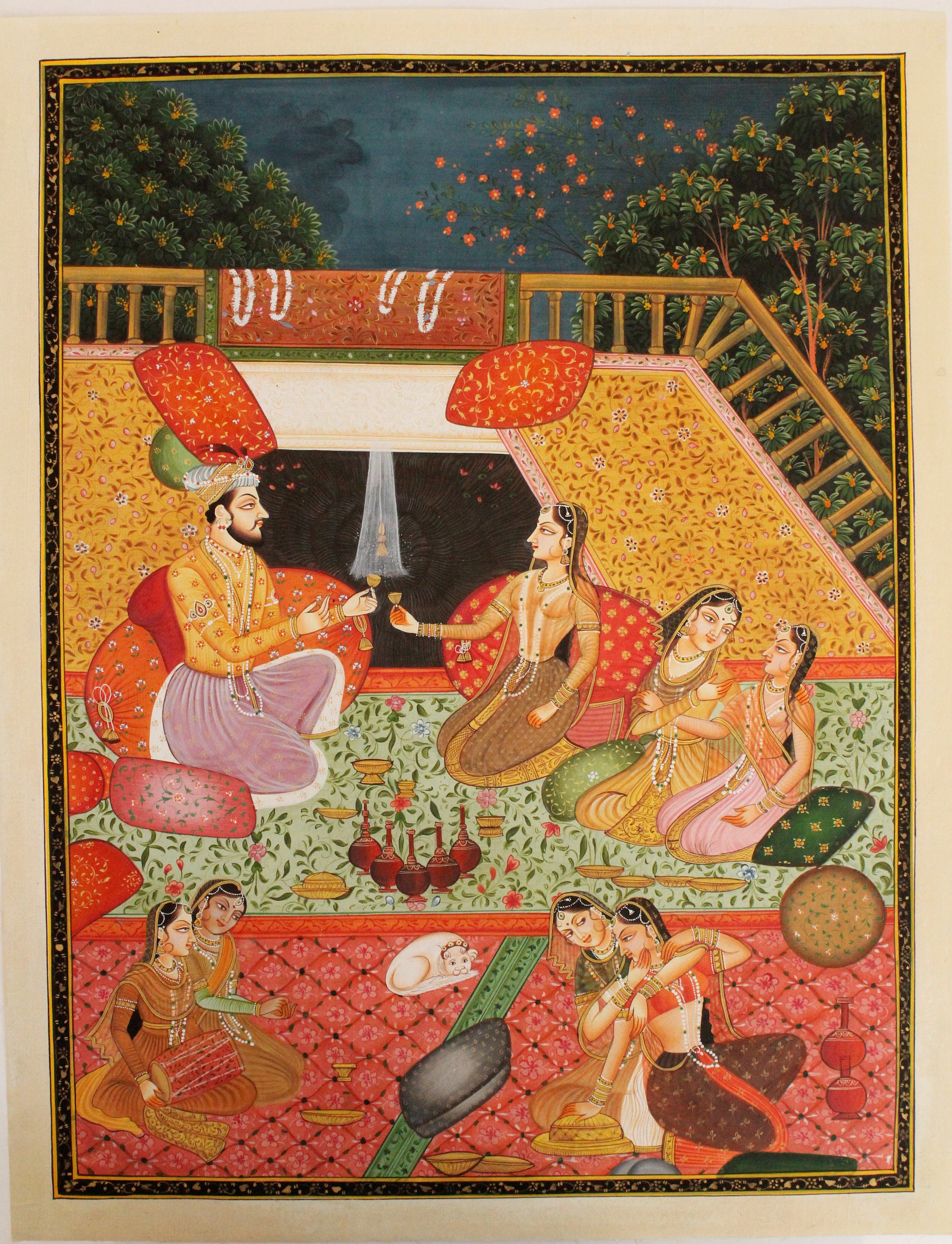インドの細密画：王と王妃の愛の情景、メーワール・ハーレム・アート