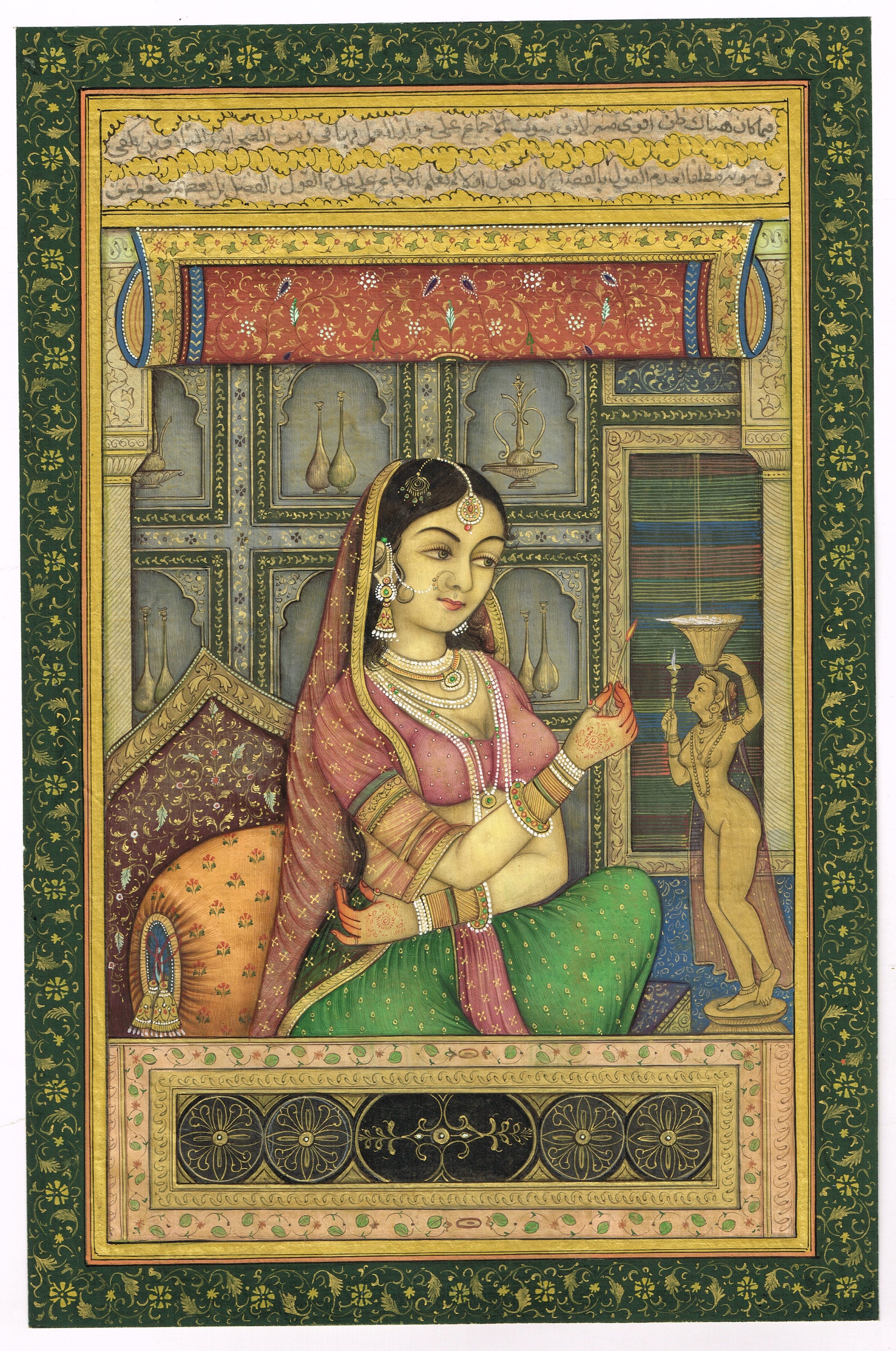ランプを灯すラージプート女王のインド細密画 6x10インチの紙に