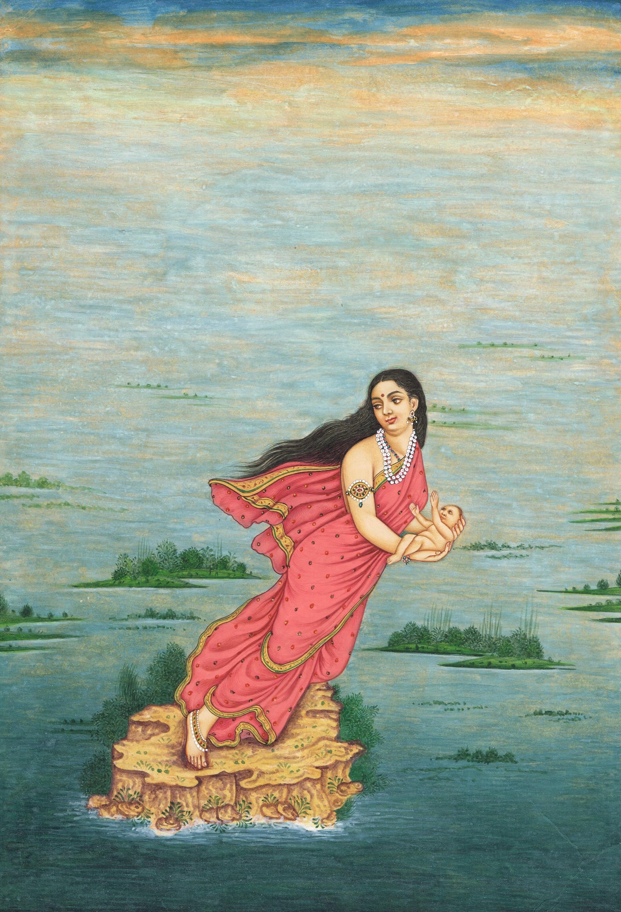 Ganga Bhishma Miniature Painting: Indian Vintage Art (8.25x11.5