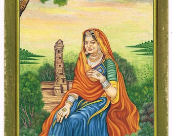 Rajasthani Woman Miniature Painting: Vijay Stambh Fine Art (7x10 Inches)