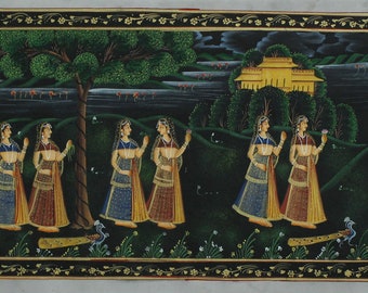 Radha Krishna schilderij voor muur hindoeïstische religieuze kunst op doek 42x15 inch | Krishna liefdeskunst | Hindoe-religie kunst voor wanddecoratie cadeau